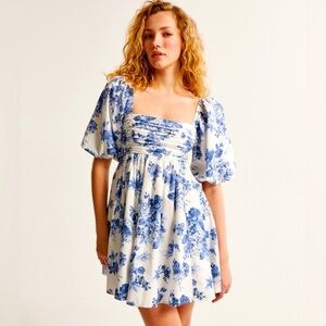 Abercrombie & Fitch Blue and White Floral Puff-Sleeve Mini Dress
